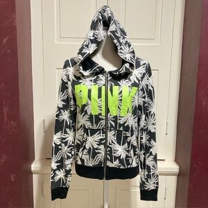 Victoria’s Secret PINK Size M Black White Palm Tree Print Full Zip Hoodie Top